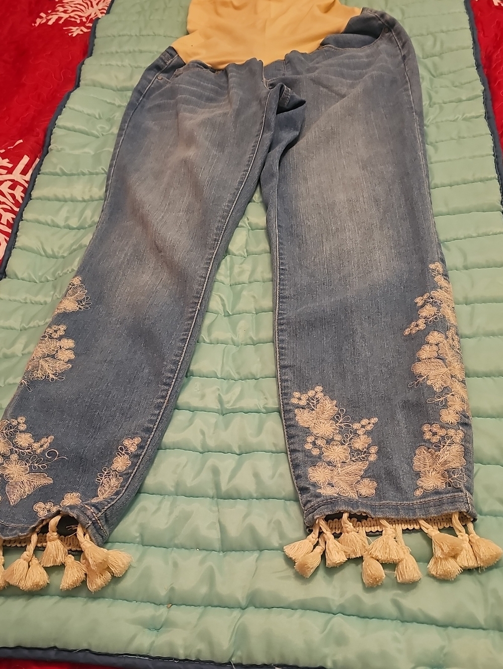 Women's Blue Embroidered Maternity Tassel Hem Jeans